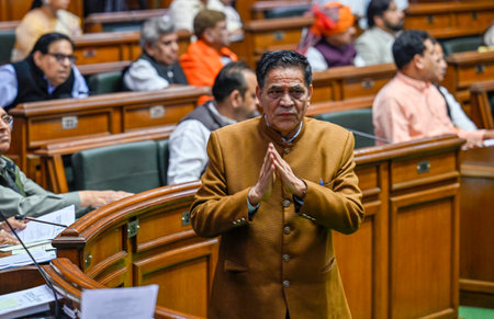 NEW DELHI INDIA FEBRUARY 24 2025 Delhi BJP MLA Mohan Singh Bisht during the opening session of the 8th Legislative Assembly in the Assembly Hall Delhi Vidhan Sabha on February 24 2025 in New Delhi India Photo by Raj K Raj Hindustan Timesのeditorial素材