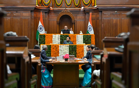 NEW DELHI INDIA FEBRUARY 24 2025 BJP MLA Vijender Gupta elected as Speaker of Delhi Assembly during...