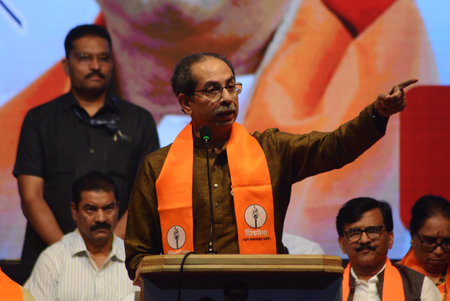 MUMBAI, INDIA - MARCH 9: Shiv Sena UBT President Uddhav Thackray  addresses workers at the Shiv Sena...