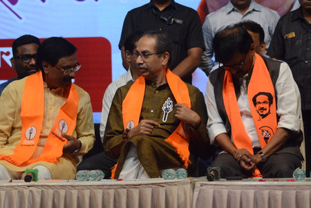MUMBAI, INDIA - MARCH 9: Shiv Sena UBT President Uddhav Thackray, MP Sanjay Raut and party leaders...