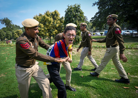 NEW DELHI INDIA MARCH 10 2025 Members of Tibetan Youth Congress protests outside the Chinese Embassy...