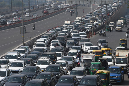 NEW DELHI INDIA MARCH 10 2025 Heavy traffic Jam at Delhi Meerut expressway as the protesters blocked...