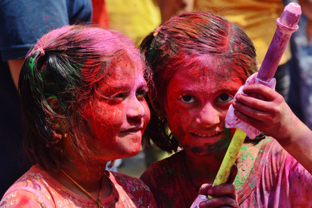 MUMBAI, INDIA - MARCH 14: On the occasion of Holi festival, People seen playing with Holi colors in Thane, on March 14, 2025 in Mumbai, India. (Photo by Praful Gangurde/Hindustan Times )のeditorial素材