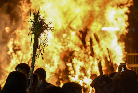 NOIDA, INDIA - MARCH 14: Hindu devotees burn Holika at Sanatan Dharma Mandir Sector 19 on Thursday...