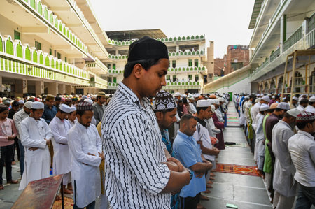 NOIDA, INDIA - MARCH 15: Muslim devotees offer namaz on Holi, the second Friday of the holy month of Ramzan, at the mosque in Sector 8, on March 15, 2025 in Noida, India (Photo by Sunil Ghosh/Hindustan Times )のeditorial素材