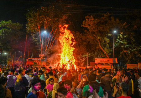 NOIDA, INDIA - MARCH 14: Hindu devotees burn Holika at Sanatan Dharma Mandir Sector 19 on Thursday...
