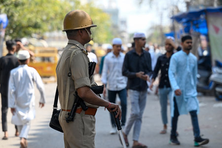 NOIDA, INDIA - MARCH 15: Heavy police force deployed outside Jama Masjid in Sector 8 on the day of Friday namaz, on March 15, 2025 in Noida, India (Photo by Sunil Ghosh/Hindustan Times )のeditorial素材