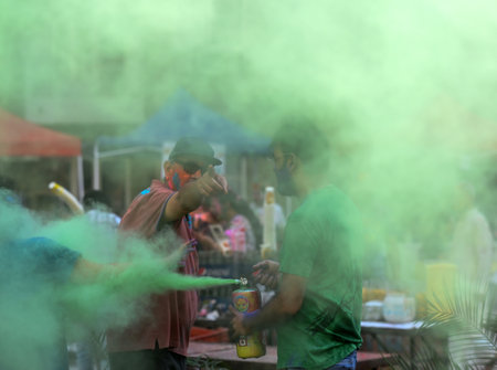 NOIDA, INDIA - MARCH 14: People celebrate Holi at lotus boulevard society in sector 100, on March 14, 2025 in Noida, India. (Photo by Sunil Ghosh/Hindustan Times )のeditorial素材