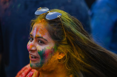 NOIDA, INDIA - MARCH 14: People celebrate Holi at lotus boulevard society in sector 100, on March 14, 2025 in Noida, India. (Photo by Sunil Ghosh/Hindustan Times )のeditorial素材