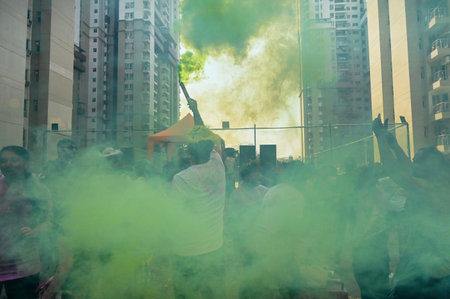 NOIDA, INDIA - MARCH 14: People celebrate Holi at lotus boulevard society in sector 100, on March 14, 2025 in Noida, India. (Photo by Sunil Ghosh/Hindustan Times )のeditorial素材