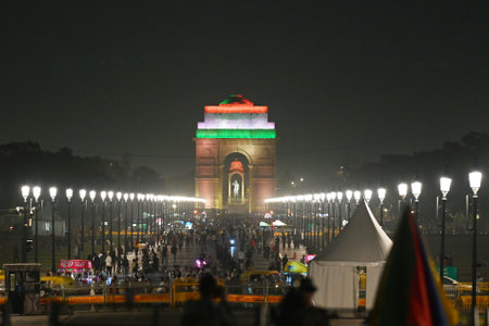 NEW DELHI, INDIA - MARCH 22: A view of India gate before Earth Hour as the lights of the Monument gets turned off, on March 22, 2025 in New Delhi, India. Earth Hour is a global campaign that sees millions switch off non-essential lights for an hour. It isのeditorial素材