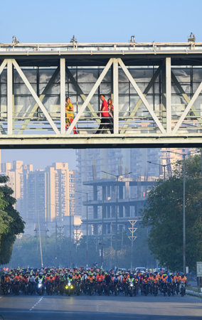 GREATER NOIDA, INDIA - MARCH 23: Over 2,600 cyclists from 24 states participated in the Cyclothon Marathon 2025 organized by HCL, held on a 10 km loop on the Noida-Greater Noida Link Road, on March 23, 2025 in Greater Noida, India. The HCL Cyclothon was oのeditorial素材