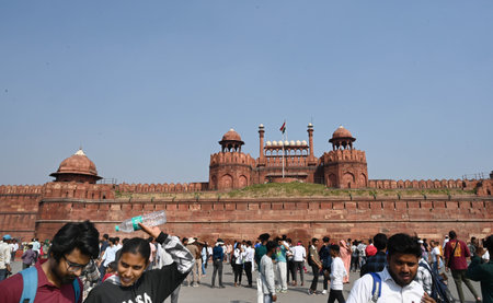 NEW DELHI, INDIA - MARCH 23: Visitors at Red Fort during hot weather, on March 23, 2025 in New...