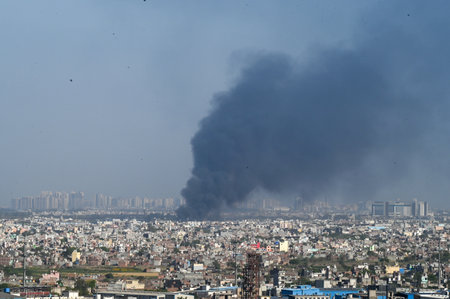 GREATER NOIDA, INDIA - MARCH 31: A massive fire broke out at a factory involved in manufacturing plastic coolers in the Habibpur area in Ecotech-3, on March 31, 2025 in Greater Noida, India. As many as 26 fire tenders were pressed to douse the flames. Polのeditorial素材