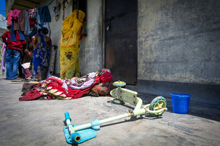 NEW DELHI, INDIA - MARCH 31: A view of the spot where reportedly two children were burnt to death after a fire broke out inside a house at Manohar Park area of East Punjabi Bagh, on March 31, 2025 in New Delhi, India. The reason behind the blaze is yet toのeditorial素材