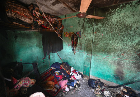 NEW DELHI, INDIA - MARCH 31: A view of the spot where reportedly two children were burnt to death after a fire broke out inside a house at Manohar Park area of East Punjabi Bagh, on March 31, 2025 in New Delhi, India. The reason behind the blaze is yet toのeditorial素材