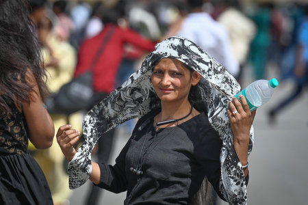 NEW DELHI, INDIA - APRIL 2: Tourists seen out on a Hot Day at India Gate on April 2, 2025 in New Delhi, India. (Photo by Sanchit Khanna/Hindustan Times )のeditorial素材