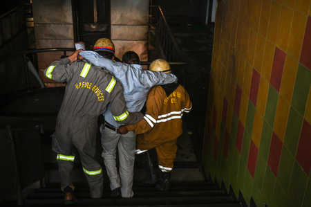 NOIDA, INDIA - APRIL 2: A fire broke out in a real estate office on the first floor of a building in Noida's Sector 18 on Tuesday afternoon after a split air conditioner (AC) indoor unit exploded, on April 2, 2025 in Noida, India. Ten people were injured のeditorial素材