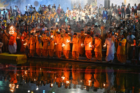 NEW DELHI INDIA APRIL 3 2025 Yamuna Arti on the occasion of Yamuna Janam utsav at Sur Ghat Wazirabad...