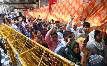 NEW DELHI INDIA APRIL 4 2025 Heavy rush Devotees line and offering prayer on the Seventh day chaitra...