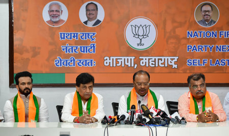 MUMBAI INDIA APRIL 8 2025 Cricketer Kedar Jadhav joins BJP in presence of BJP president Chandrashekhar Bawankule and working president Ravindra Chavan BJP leader Ashok Chavan at BJP office Nariman Point on April 8 2025 in Mumbai India Photo by Bhushan Koyのeditorial素材