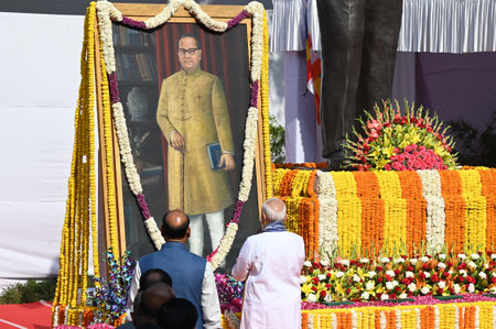 NEW DELHI INDIA APRIL 14 2025 Prime Minister Narendra Modi during a ceremony to pay tribute to Babasaheb Bhimrao Ramji Ambedkar on his birth anniversary at Parliament House on April 14 2025 in New Delhi India Photo by Arvind Yadav Hindustan Timesのeditorial素材