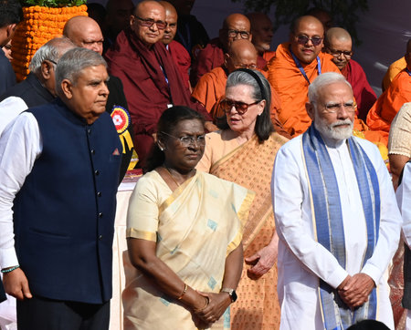 NEW DELHI INDIA APRIL 14 2025 President of India Droupadi Murmu Vice President of India Jagdish Dhankar Prime Minister Narendra Modi Union Health Minister JP Nadda Congress Leader Sonia Gandhi during the floral tributes on the Birth Anniversary of Babasahのeditorial素材