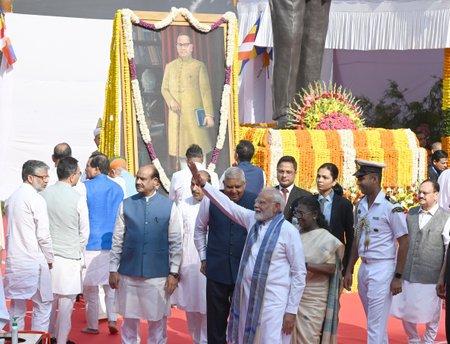 NEW DELHI INDIA APRIL 14 2025 President of India Droupadi Murmu Vice President of India Jagdish Dhankar Prime Minister Narendra Modi Lok Sabha Speaker Om Birla during the floral tributes on the Birth Anniversary of Babasaheb BR Ambedkar at Prerna Sthal Paのeditorial素材