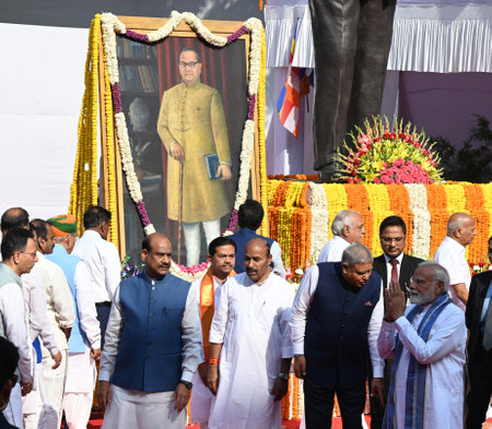 NEW DELHI INDIA APRIL 14 2025 President of India Droupadi Murmu Vice President of India Jagdish Dhankar Prime Minister Narendra Modi Lok Sabha Speaker Om Birla during the floral tributes on the Birth Anniversary of Babasaheb BR Ambedkar at Prerna Sthal Paのeditorial素材