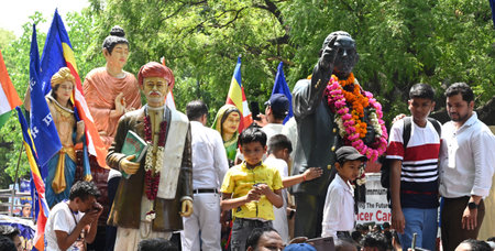 NEW DELHI INDIA APRIL 14 2025 Ambedkar followers celebrating the 134th Bharat Ratna Babasaheb Dr Bhimrao Ambedkarâs Jayanti Celebration during the Bharat Ratna Babasaheb Ambedkar Mela at Parliament Street on April 14 2025 in New Delhi India Photo by Sonのeditorial素材