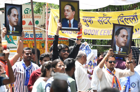 NEW DELHI INDIA APRIL 14 2025 Ambedkar followers celebrating the 134th Bharat Ratna Babasaheb Dr Bhimrao Ambedkarâs Jayanti Celebration during the Bharat Ratna Babasaheb Ambedkar Mela at Parliament Street on April 14 2025 in New Delhi India Photo by Sonのeditorial素材