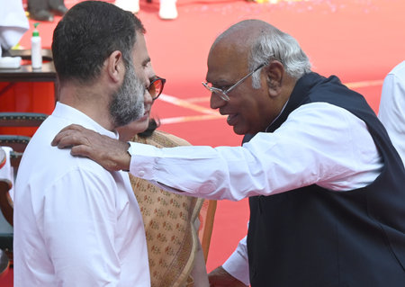 NEW DELHI INDIA APRIL 14 2025 LOP Lok Sabha Rahul Gandhi LOP Rajya sabha Mallikarjun Kharge and Congress Leader Sonia Gandhi during the floral tributes on the Birth Anniversary of Babasaheb BR Ambedkar at Prerna Sthal Parliament House Lawns on April 14 20のeditorial素材