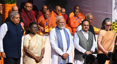 NEW DELHI INDIA APRIL 14 2025 President of India Droupadi Murmu Vice President of India Jagdish Dhankar Prime Minister Narendra Modi Union Health Minister JP Nadda Congress Leader Sonia Gandhi during the floral tributes on the Birth Anniversary of Babasahのeditorial素材