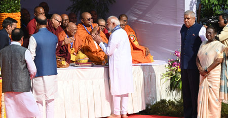 NEW DELHI INDIA APRIL 14 2025 President of India Droupadi Murmu Vice President of India Jagdish Dhankar Prime Minister Narendra Modi Lok Sabha Speaker Om Birla during the floral tributes on the Birth Anniversary of Babasaheb BR Ambedkar at Prerna Sthal Paのeditorial素材