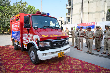 NOIDA INDIA APRIL 14 2025 Gautam Budh Nagar Fire Department observes Fire Service Memorial Day to...
