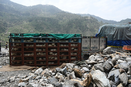 RAMBAN INDIA APRIL 21 2025  Vehicles buried under the debris on Srinagar-Jammu national highway after a cloudburst on April 21, 2025 in Ramban, India. A cloudburst triggered flash floods and landslides in Ramban district of Jammu and Kashmir, killing threのeditorial素材