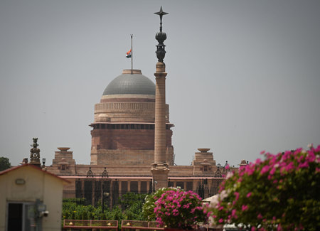 NEW DELHI INDIA APRIL 22 2025 National Flag seen at Half mast as India announces 3 day state mourning after the demise of Pope Francis at Rashtrapati Bhawan on April 22 2025 in New Delhi India The pontiff the first Latin American leader of the Roman Cathoのeditorial素材