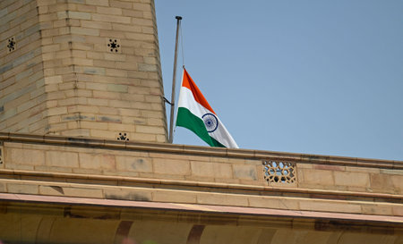 NEW DELHI INDIA APRIL 22 2025 National Flag seen at Half mast as India announces 3 day state mourning after the demise of Pope Francis at North Block on April 22 2025 in New Delhi India The pontiff the first Latin American leader of the Roman Catholic Chuのeditorial素材