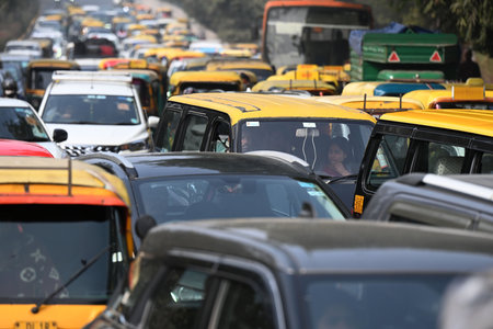 NEW DELHI, INDIA â€“ JANUARY 1: Heavy traffic at Mathura Road on the first day of New Year, on...