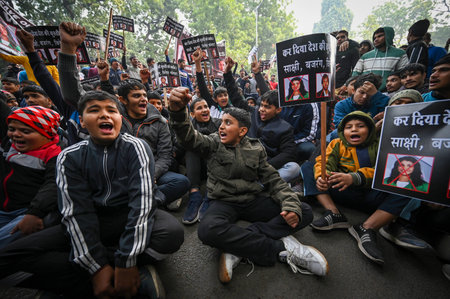 NEW DELHI, INDIA - JANUARY 3: Under 18 Junior Wrestlers protesting for non conduction of National Tournaments from a Year at Jantar Mantar on January 3, 2024 in New Delhi, India. Hundreds of junior wrestlers from Uttar Pradesh, Haryana, and Delhi protesteのeditorial素材
