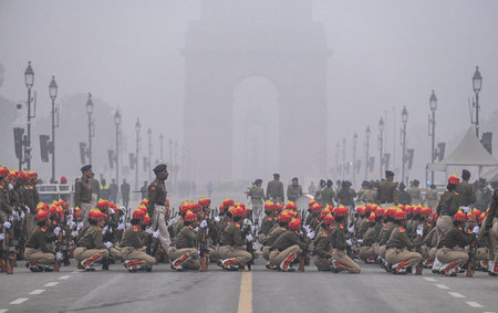 NEW DELHI, INDIA - JANUARY 5: A women contingent from SSB practices in cold foggy morning for the...