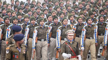 NEW DELHI, INDIA - JANUARY 5: A women contingent from CRPF, practices in cold foggy morning for the...