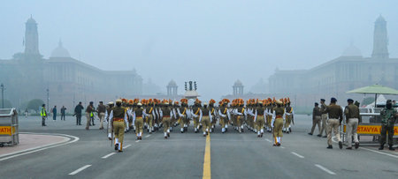 NEW DELHI, INDIA - JANUARY 5: A women contingent from ITBP practices in cold foggy morning for the...