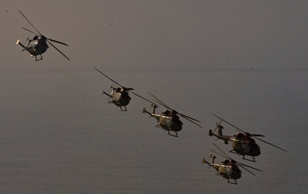 MUMBAI, INDIA â JANUARY 11:  IAF's \"Sarang\" helicopter during rehearsals of an air show, at Marine Drives on January 11, 2024 in Mumbai, India. The event comprises aerobatic displays by the Surya Kiran Aerobatic Display Team (SKAT) and the Helicopter のeditorial素材