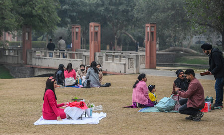 NEW DELHI, INDIA â JANUARY 13: A view of people enjoying themselves at Sunder Nursery during a cold and foggy weather near Humayunâs Tomb, on January 13, 2024 in New Delhi, India. Foggy morning challenges Delhi-NCR with intensifying cold wave, mercuryのeditorial素材