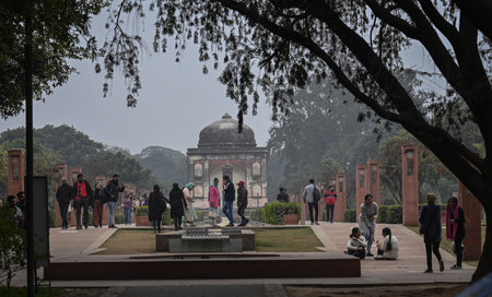 NEW DELHI, INDIA â JANUARY 13: A view of people enjoying themselves at Sunder Nursery during a cold and foggy weather near Humayunâs Tomb, on January 13, 2024 in New Delhi, India. Foggy morning challenges Delhi-NCR with intensifying cold wave, mercuryのeditorial素材
