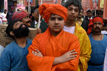 KOLKATA, INDIA - JANUARY 12:  On 161th birth anniversary of Swami Vivekananda, student dressed as...