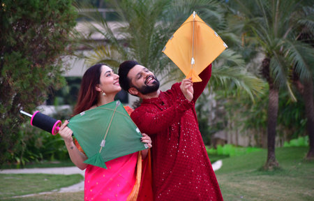MUMBAI, INDIA - JANUARY 13: (EDITOR'S NOTE: This is an exclusive image of Hindustan Times) Bollywood singer Rahul Vaidya and his wife, actor Disha Parmar Vaidya pose during an exclusive interview with HT City for Makar Sankranti festival special shoot, onのeditorial素材
