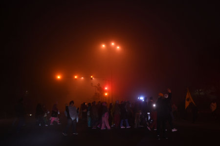 NEW DELHI, INDIA â JANUARY 14: Thick fog blankets engulfed with extreme low visibility near Nizamuddin, during early morning hours, on January 14, 2024 in New Delhi, India. Foggy morning challenges Delhi-NCR with intensifying cold wave, mercury dips furのeditorial素材