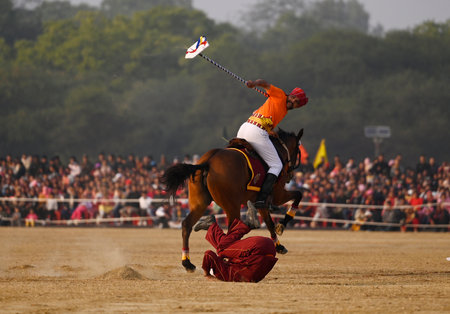 LUCKNOW, INDIA - JANUARY 15: The Remount Veterinary Corps perform stunts on horseback during 'Saurya Sandhya' on the occasion of Army Day at Surya Khel Parisar on January 15, 2024 in Lucknow, India. (Photo by Deepak Gupta/Hindustan Times)のeditorial素材